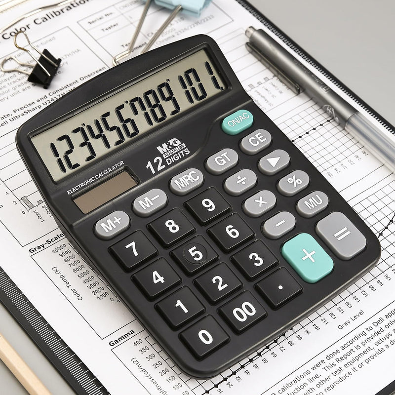 M&G Desk Calculator 12 Digit Office Calculators with Large LCD Display, Dual Solar Power and Battery, Recessed Big Button Calculator for Office Home School (Black) Basic