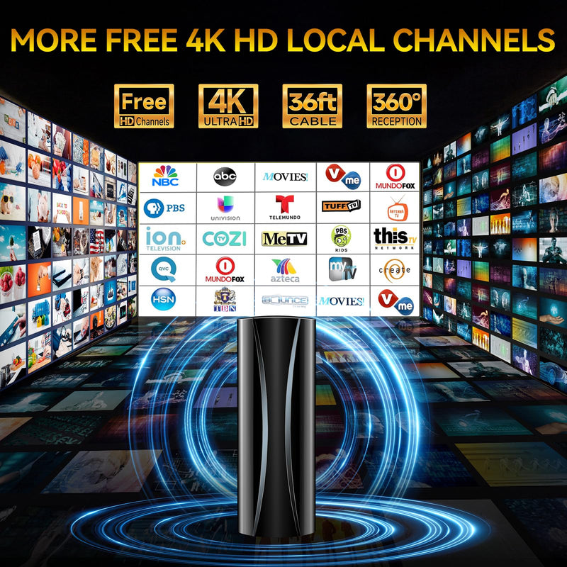 1600+ Miles Range TV Antenna, 2025 Strongest Digital TV Antenna Indoor with Amplifier and Signal Booster, Portable HD Antenna for TV Indoor for Smart TV and Old TVs-36ft Coax Cable-Support 8K 4K 1080p Black