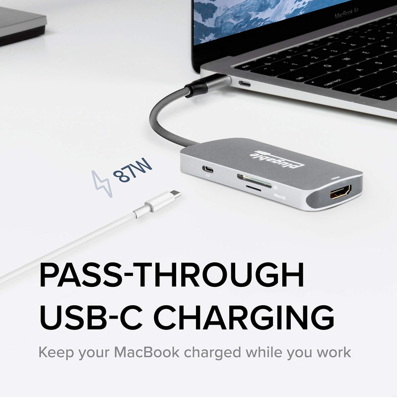 Plugable USB-C Hub 7-in-1, Compatible with Mac, Windows, Chromebook, USB4, Thunderbolt 4, and More (4K HDMI, 3 USB 3.0, SD & microSD Card Reader, 87W Charging)