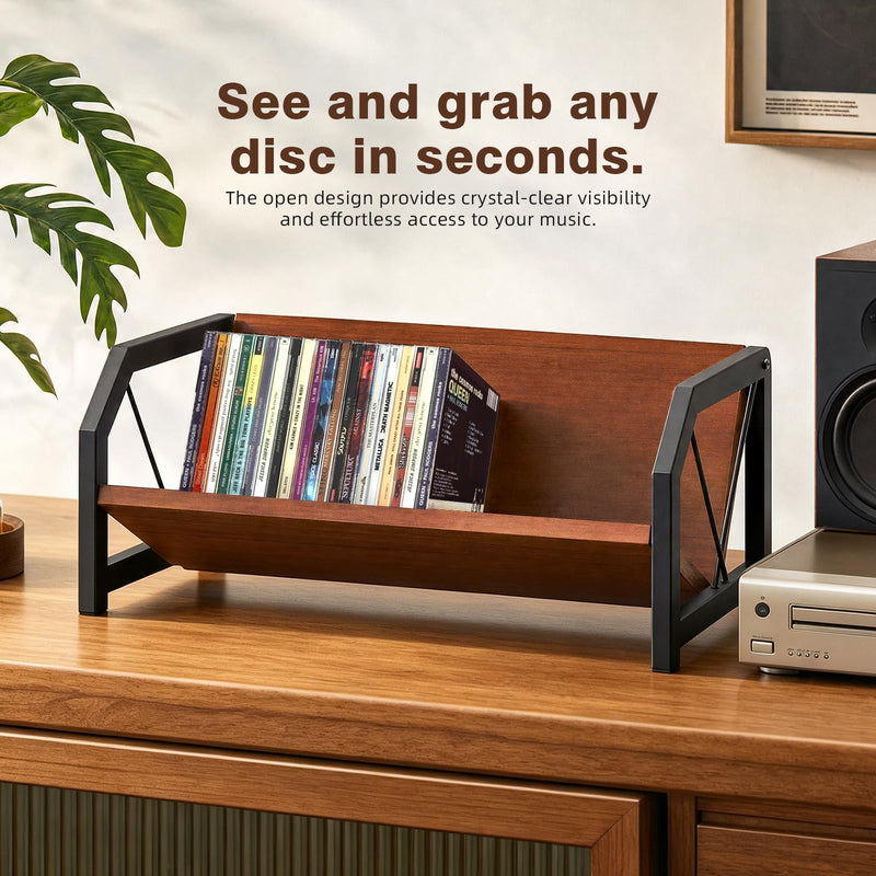 CD Holder Rack, Tilting DVD Storage Shelf for Tower Small Space | Store Up to 38 CDs and 30 DVDs, Desktop Bookshelf Organizer, Easy Acess, Sturdy Metal & Wood Construction, Portable Angle Brown-1 Tier