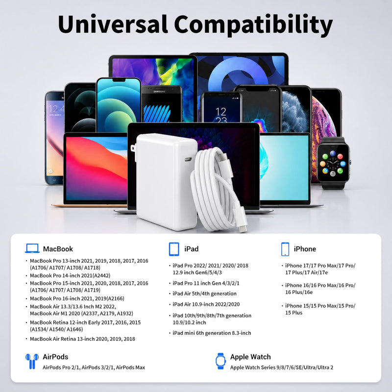 Mac Book Pro Charger - 96W Apple USB C Fast Charger Power Adapter with 6.6FT Long USB C Cable,Compatible with MacBook pro/Air 16 15 14 13 Inch/ipad Pro and All USB C Device, Extra Storage Bag Included