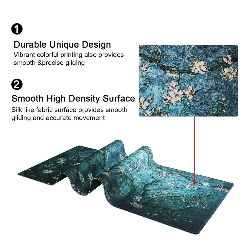 Meffort Inc Extra Large Extended Gaming Desk Mat Non-Slip Rubber Pads Stitched Edges Mouse Pad 35.4 x 15.7 inch - Vincent Van Gogh Almond Blossom