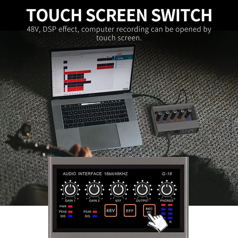 USB Audio Interface for PC with Touch Model, AudioBox Mic Preamps 16 bit/48 kHz Phantom Power XLR 48V Audio Interface for Recording Music, Live Streaming and Podcasting Recording Q16