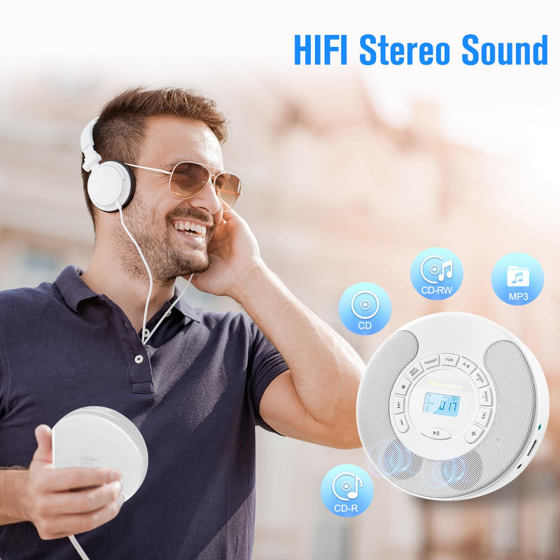 CD Player Portable, Rechargeable Dual Speakers Walkman, Bluetooth CD Player with Backlight LCD Display, support AUX/USB mode, Suitable for car,home,AUX Cable