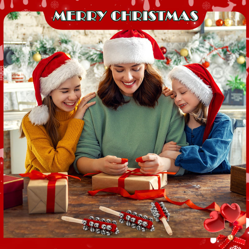 4 Pcs Christmas Sleigh Bells Wooden Handle Jingle Bells Instrument Musical Hand Bell Shaker Rattle Musical Percussion Instrument for Xmas Holiday Party (Red) Red