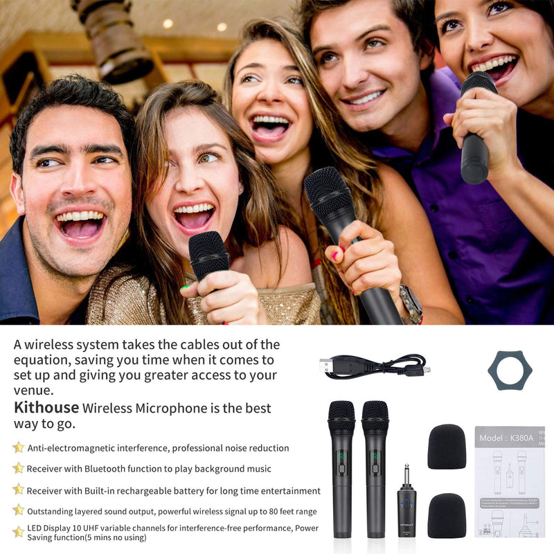 K380A Wireless Microphones - Dual UHF Handheld Cordless Mics with Rechargeable Bluetooth Receiver - Karaoke/Speech/Church (Elegant Black)