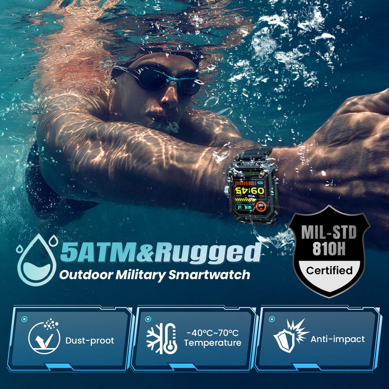 Rogbid Military Smart Watches for Men, 2.06'' AMOLED IP68 Waterproof Smartwatch for Android iOS, Answer/Make Call Fitness Tracker with Heart Rate/Sleep/Stress/SpO2/120+Sport Modes