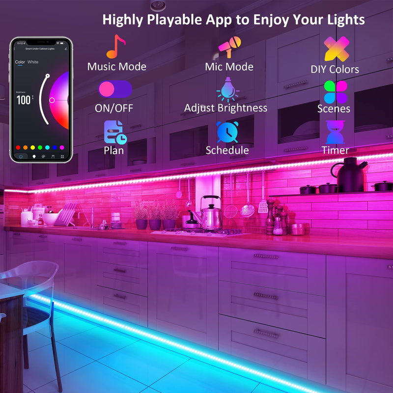 maylit 10 PCS Smart RGB Under Cabinet Lights Kit, Compatible with Alexa and Google Assistant, App and Remote Control, Music Sync Color Changing, Timer, Dimmable, for Cabinet, Counter, Shelf, Bookcase Multicolor 16.4FT