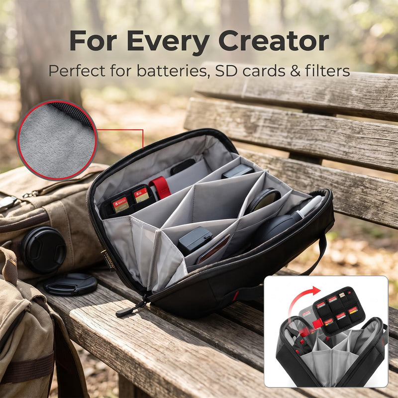 Electronic Organizer Accessory Pouch for MacBook Charger, Cable, Power Bank, Hard Drive, Water-Resistant, Removable Card Slots, Black