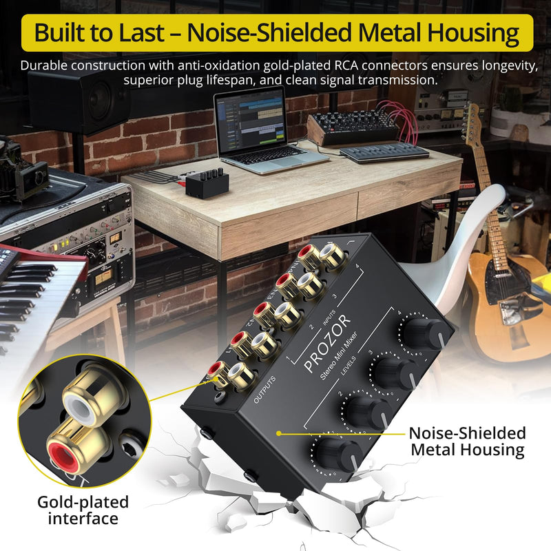 [AUSTRALIA] - PROZOR 4-Channel Stereo Audio Mixer, RCA Input with Independent Volume Controls, Metal Housing, Ultra Low Noise, for TV/PC Mixing, Home Studios, DJ Performances – No Power Required, Plug and Play 