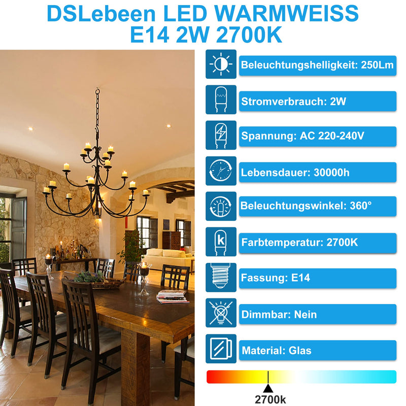 DSLebeen E14 LED Warm White Light Bulb Fridge Lamp 2 W 250 LM Replacement Bulb 25 W 2700 K Mini LED Bulbs for Night Light, Salt Lamp, Chandelier Not Dimmable 230 V AC Pack of 2 2-Warm White
