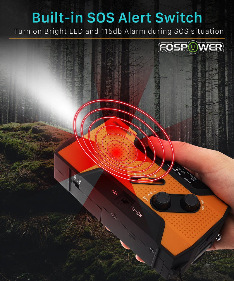 FosPower 2000mAh NOAA Emergency Weather Radio (Model A1) Portable Power Bank with Solar Charging, Hand Crank & Battery Operated, SOS Alarm, AM/FM & LED Flashlight for Outdoor Emergency