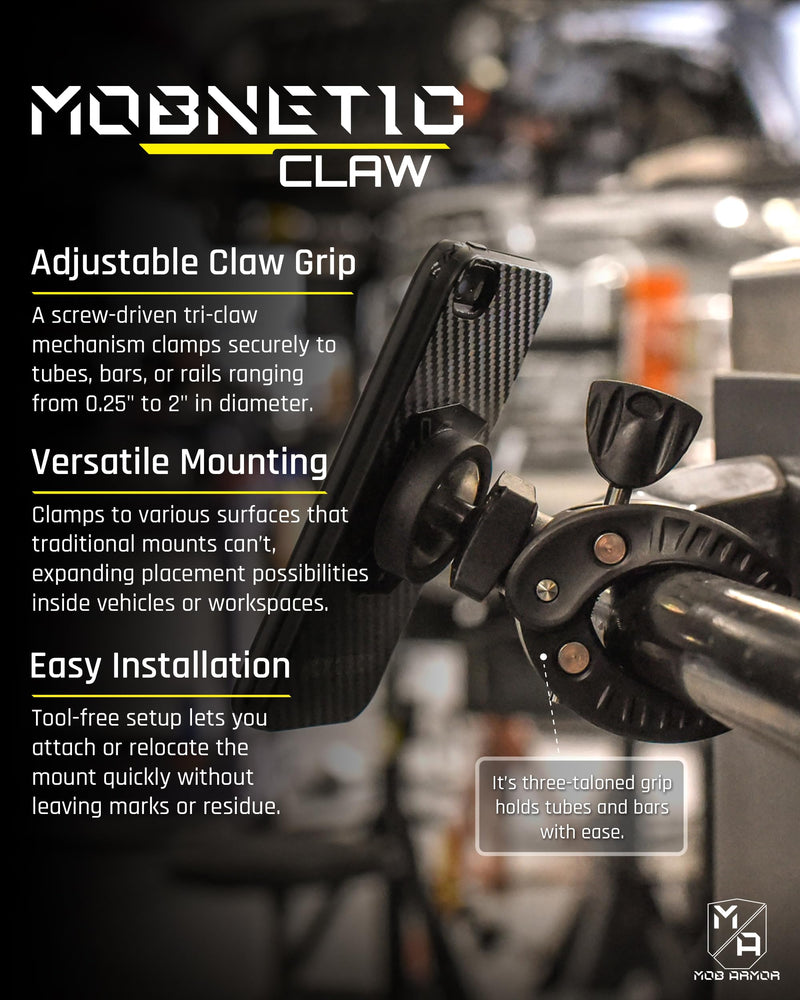 Mob Armor MobNetic Claw with 360° Rotation - Bar Mount for Golf Carts, Strollers, or Any enclsoed cab Vehicle with Round or Square Tubes- Universal Car Magnetic Phone Mount, Assembled in USA - Black