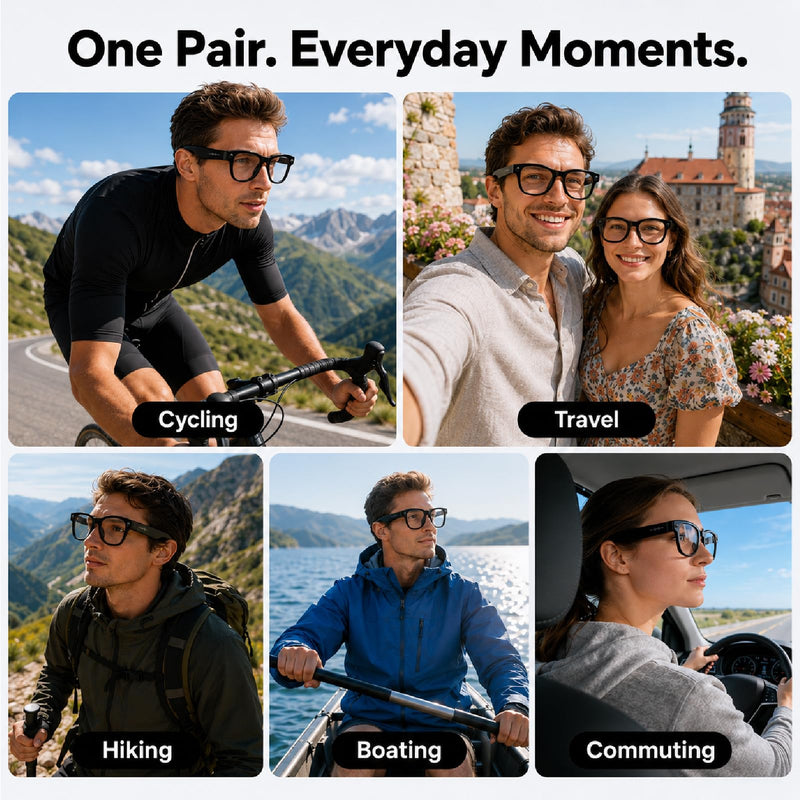 AI Smart Glasses with Camera Stabilization - 8MP POV Video Recording, Real-Time AI Translation, Smart Assistant, Dual-Mic Noise Canceling for Travel & Meetings - Anti-Blue Light, Beige Frame