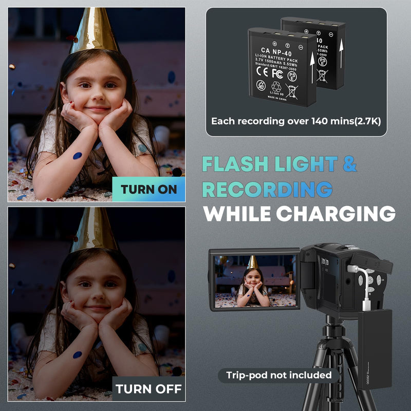 2.7K Video Camera Camcorder QHD 56MP YouTube Vlogging Cameras | 16X Digital Zoom Camcorders Webcam with 32G SD Card 270 Degree Rotation Screen and 2 Batteries Recording While Charging Dark Black