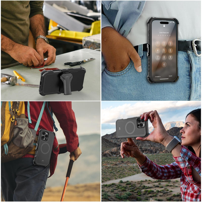 M MYBAT PRO Maverick Series for iPhone 16 Pro Case with Belt Clip Holster,[Compatible with Magsafe] w/Screen Protector,Anti-Drop,Shockproof,with 360°Rotating Kickstand,Heavy Duty Protection Black