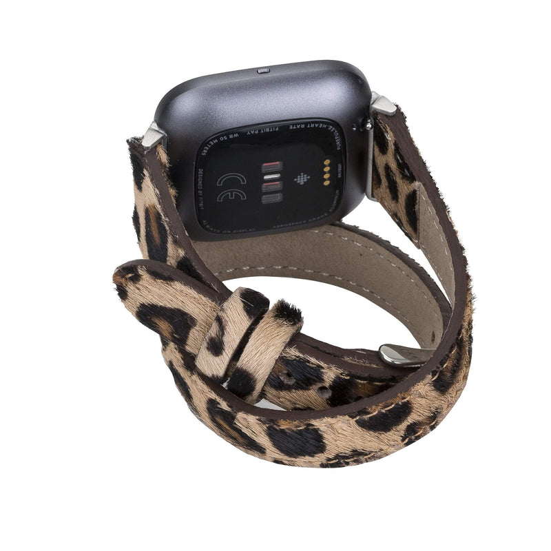 Venito Serena Leather Double-Wrap Slim Watch Band Compatible with Fitbit Versa/Versa 2 / Versa Lite Furry Leopard Silver Connector & Clasp