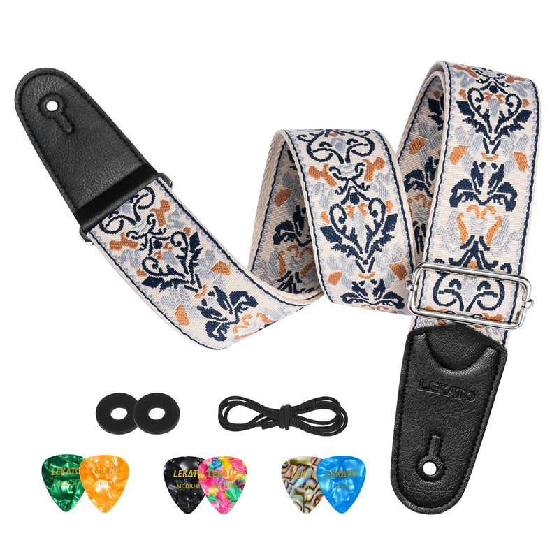 LEKATO Guitar Strap for Electric Bass Acoustic Guitar, Floral Jacquard Embroidery 2? Wide Guitar Straps Bass Strap Padded Guitar Straps with Picks & Blocks (Blue Flower White)