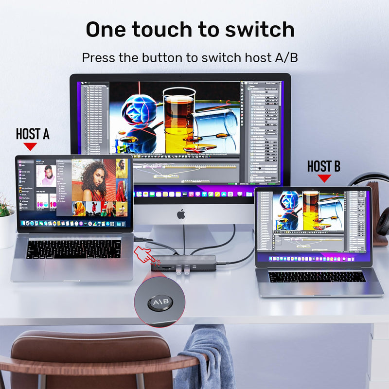 [AUSTRALIA] - USB C KVM Switch HDMI 4K@60Hz Unitek Switches Selector 2 Computers Sharing HD Monitor,Mouse, Keyboard,Printer, Scanner, One Button Switch Adapter with 2 Pack USB C Cables, Thunderbolt 3 Compatible All-in-One KVM 