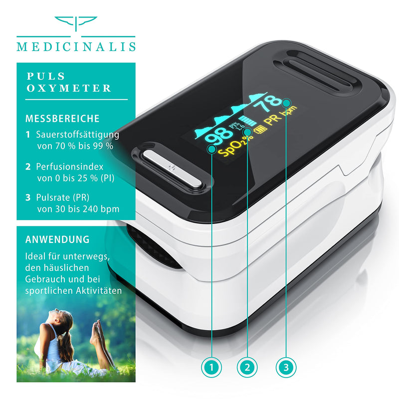 Medicinalis - Finger Pulse Oximeter - SpO2 Heart Rate Monitor - Finger Pulse Oximeter - Measurement of Pulse and Oxygen Saturation on the Finger - OLED Display - Battery Indicator - Alarm - One Touch Single