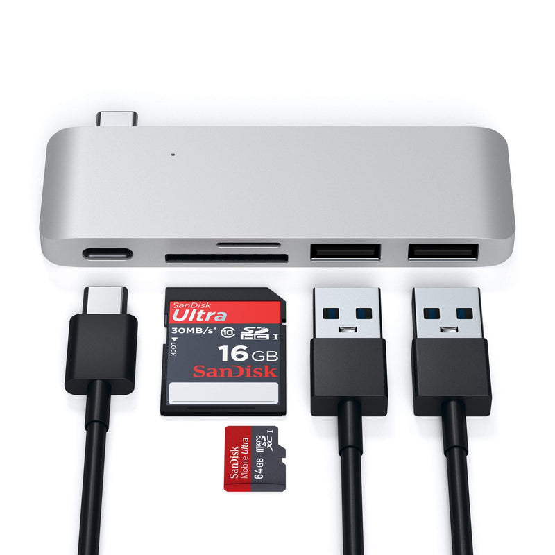 Satechi Aluminum Type-C USB 3.0 3-in-1 Combo Hub with USB-C Pass-Through - Compatible with 2018 MacBook Air, 2018 iPad Pro, 2015/2016/2017 MacBook 12-Inch and More Silver