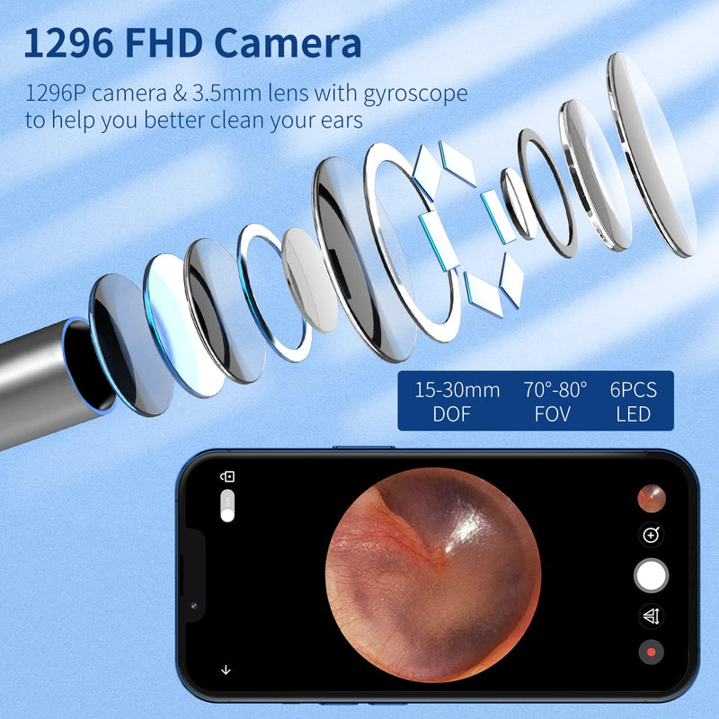 [AUSTRALIA] - Earwax Remover Otoscope, VITCOCO WiFi Ear Cleaner Camera 5MP HD Ear Camera IP67 Waterproof Ear Mirror 3.5 mm Lens Ear Endoscope with 6 LEDs for iPhone, iPad and Android Smartphones (Black) Black 