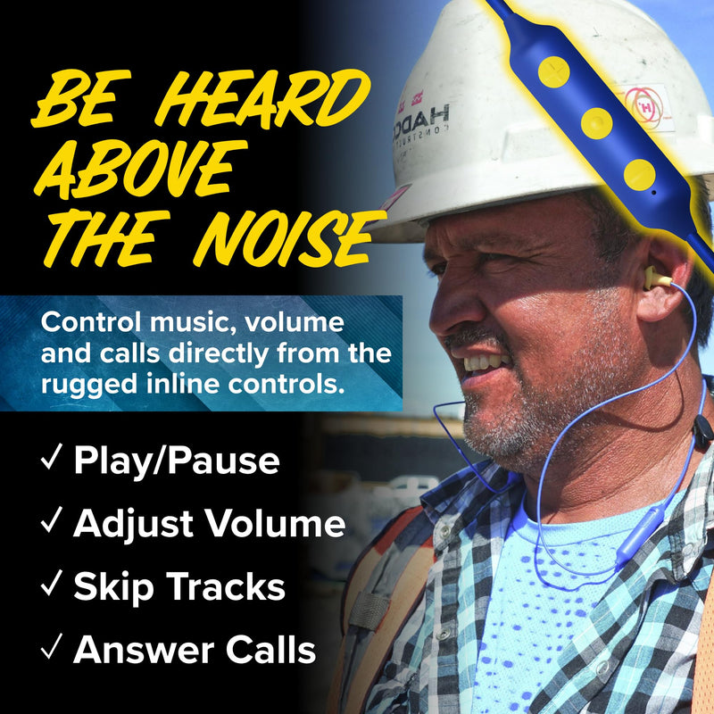 Plugfones Basic Pro Bluetooth Earplug Headphones for Work, OSHA Compliant | 25dB NRR Hearing Protection Earplugs, Wireless Safety Earbuds, Noise Isolating Mic, Construction, Warehouse, Blue & Yellow Blue, Yellow