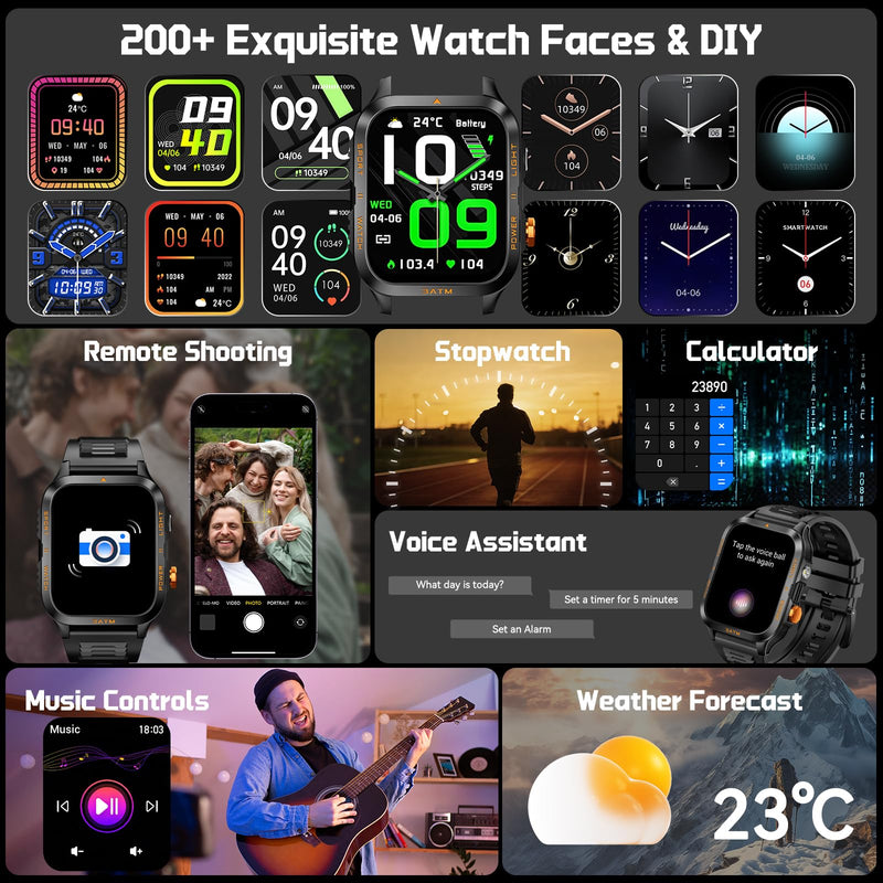 Military Smart Watches for Men (Answer/Make Call) 1.96" HD Big Screen | Rugged Tactical Smartwatch with LED Flashlight/880mAh/3ATM Waterproof/HR/Sleep Monitor, Fitness Tracker for iPhone Android Black