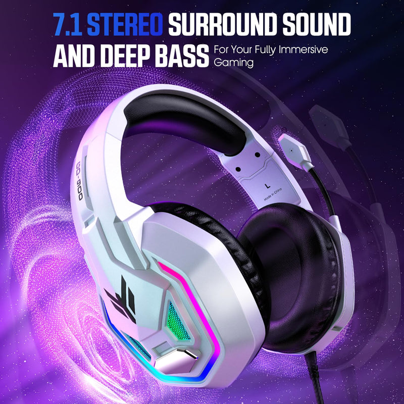 [AUSTRALIA] - YPBDAN Gaming Headset for PS5, PS4, Xbox Series X|S, Xbox One, PC, Switch, Mac - RGB Over-Ear Headphones with 7.1 Surround Sound, Noise Cancelling Mic, 50mm Drivers & Memory Earmuffs for Nintendo 64 White 