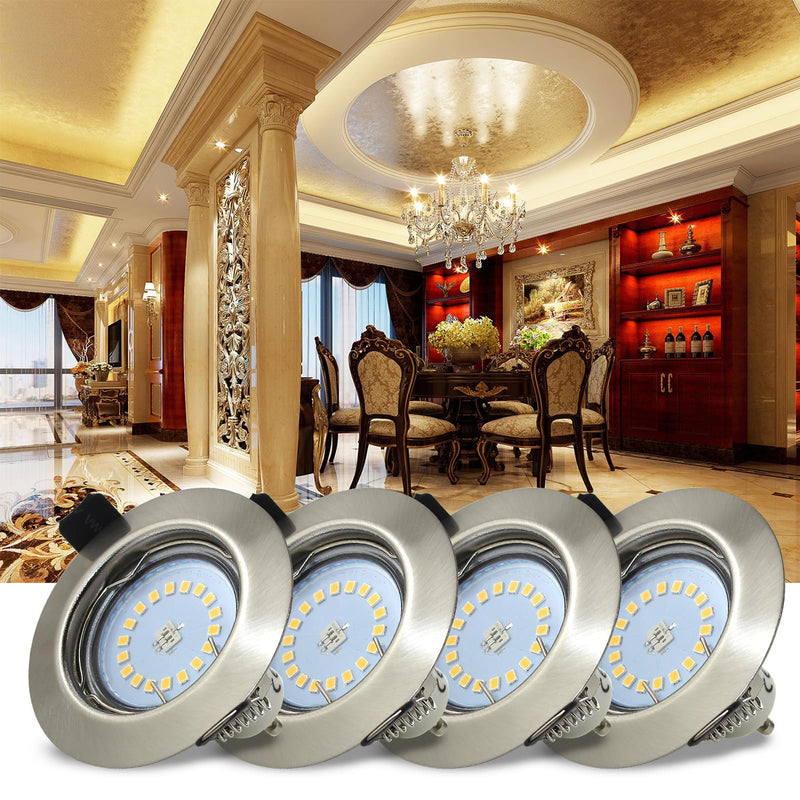 HiBay Set of 4 LED Recessed Spotlights GU10 Mounting Frame 5 W Warm White LED Spotlight 230 V Brushed Stainless Steel Round Includes GU10 Socket