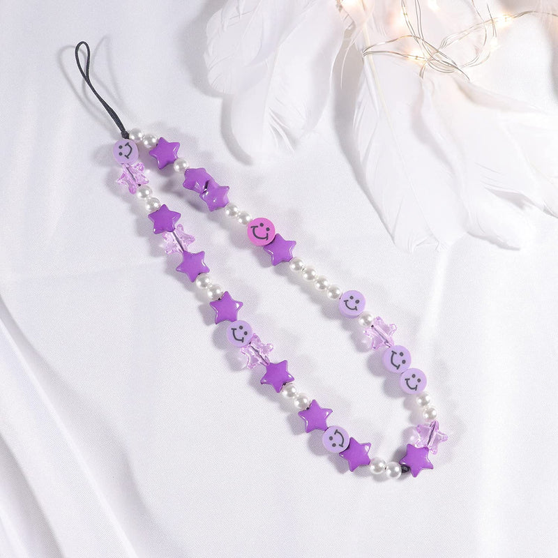 Phone Charm Lanyard, 1Pcs Smiley Face Beaded Phone Charm Strap Colorful Star Smiley Soft Ceramic Keychain for Women Girls Purple