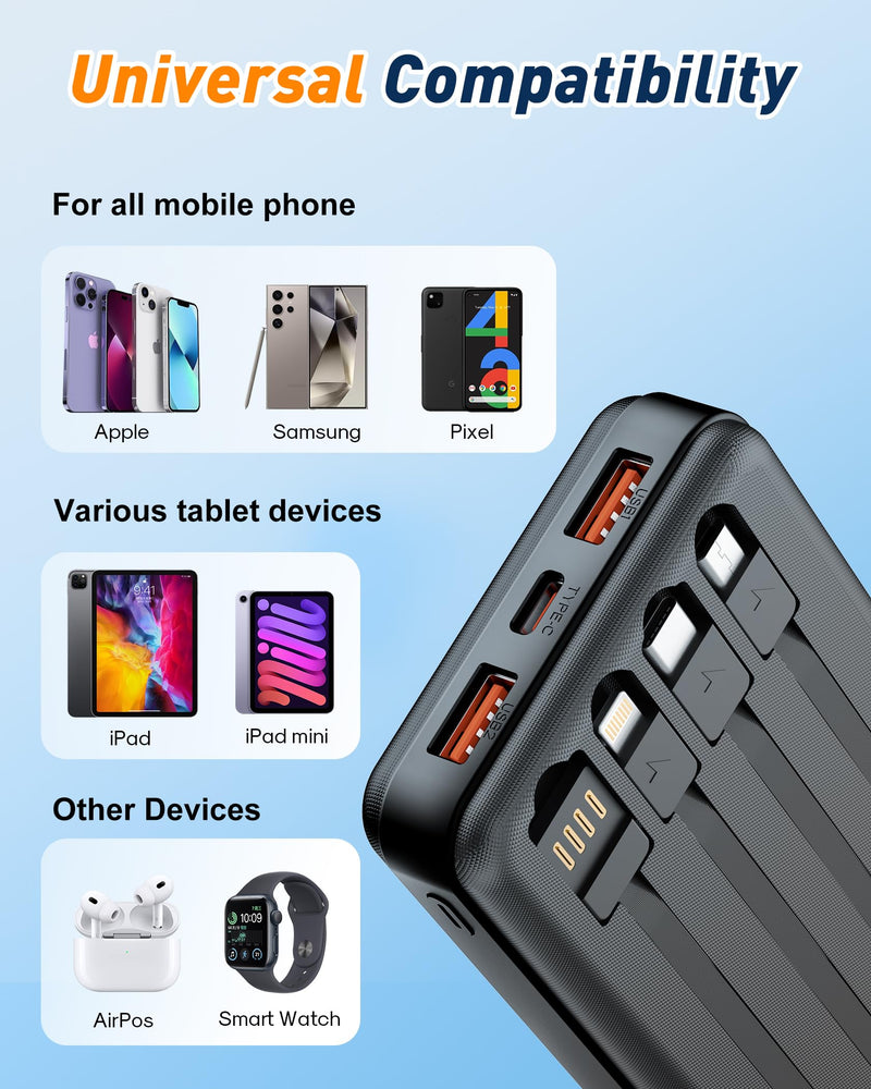 Portable Charger Power Bank - 37000mAh Portable Phone Battery with 4 Built-in Cables, 22.5W Fast Charging Battery Pack Bank Compatible with iPhone 16 15 14 13 Android Samsung Google Pixel etc(1 Pack) Black