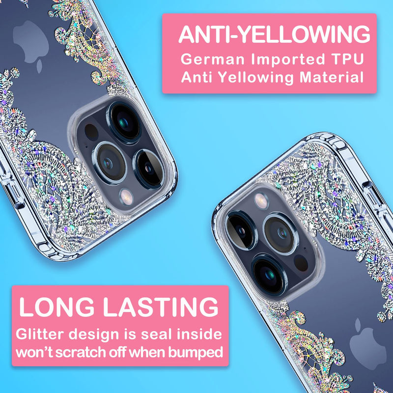 Coolwee Anti Yellowing Clear Glitter for Apple iPhone 15 Pro Max Case Floral, 6.7 inch, 6.6ft Military Grade Protective Cute Mandala Crystal Bling Lace Slim TPU with Camera & Screen Protector Clear Glitter Lace