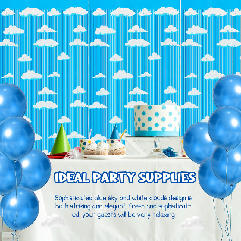 XunYee 3 Pack Blue Sky White Clouds Birthday Party Supplies, Clouds Theme Tinsel Foil Fringe Curtains Toy Party Supplies, Baby Kids Shower Cartoon Story Birthday Party Decorations