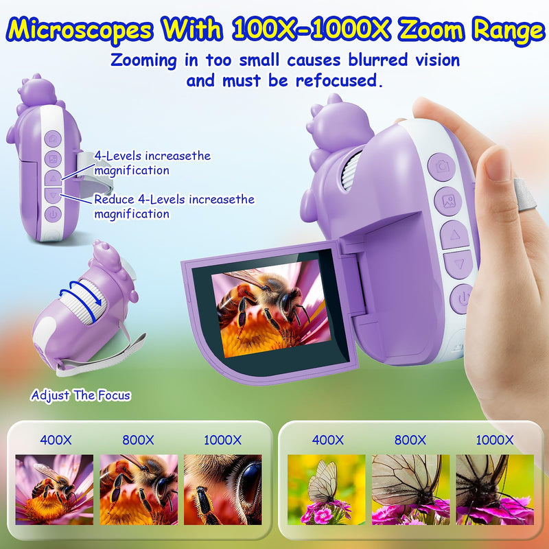 Microscope for Kids,Handheld Kids Microscope – 1000X Magnification,2'' HD Screen,1080P Camera,Built-in Telescope,STEM Educational Toy,Christmas/Birthday Gift for Ages 3-12 (Purple) Purple