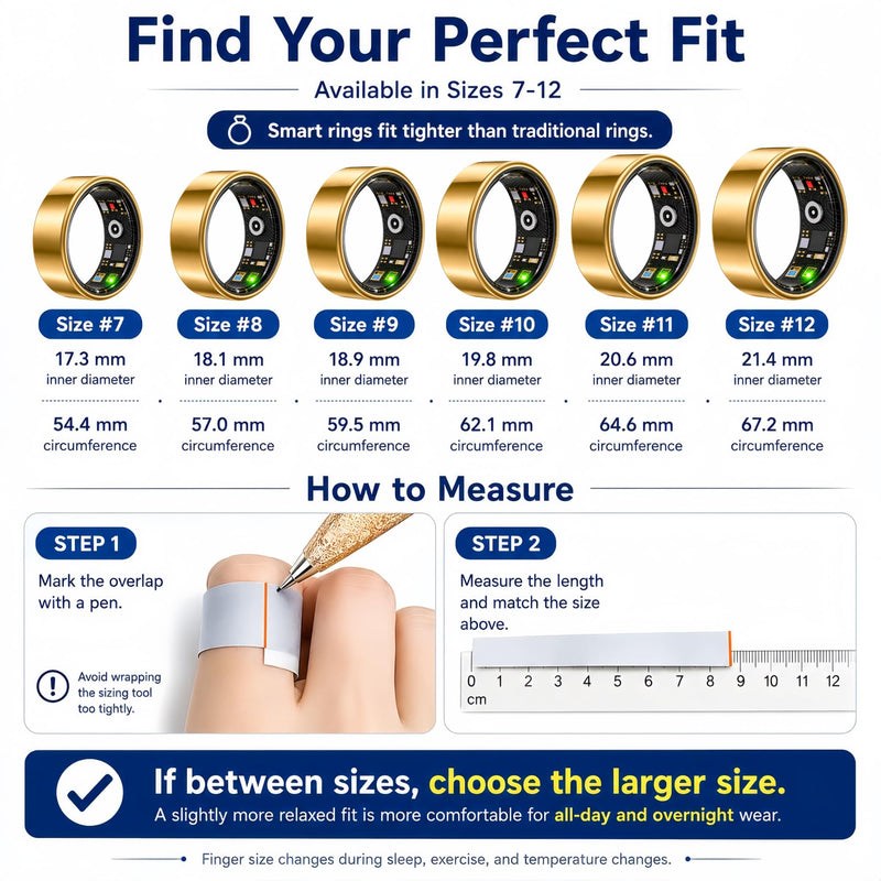 Smart Ring Health & Fitness Tracker for Men & Women, Heart Rate, SPO₂, Sleep & Activity Monitoring, IP68 Waterproof, Long Battery Life, Family Care Mode, No Subscription Fee (Gold, 8) Gold