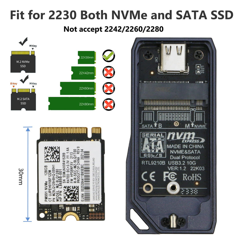 M.2 2230 Enclsoure 10Gbps, RIITOP Small M.2 NVMe to USB-C Reader with Aluminum Case for Both (M Key) NVMe and (B+M Key) SATA SSD only in Size 22x30mm