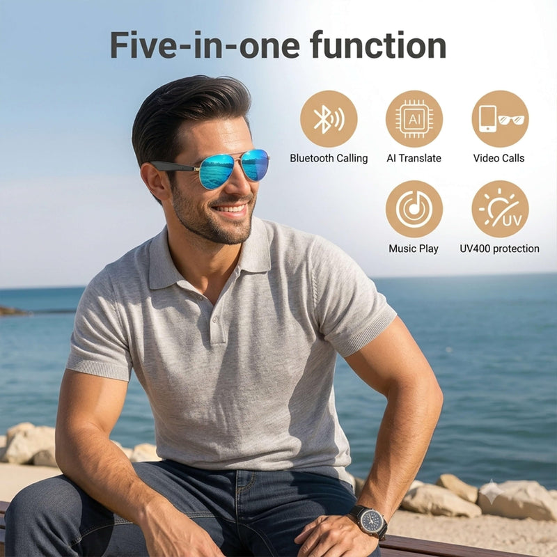 EarlySincere AI Smart Glasses, Smart Translation Glasses That Support 164 Language Translation, IP65 Waterproof Smart Sunglasses, Classic Aviator Sunglasses with Voice Assistant/AI Call/Chat GPT