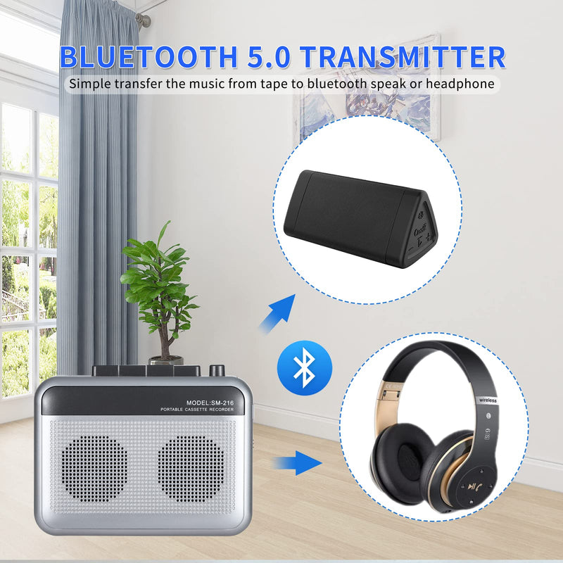 Portable Cassette Player Recorder with Bluetooth Transmitter, Walkman Cassette Tape Player with Headphone Jack, Build-in Speaker, Microphone Jack, Powered by AC Adapter or AA Battery Sliver
