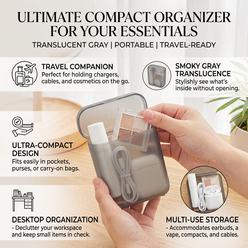 1Pcs Portable Cable Organizer Box, Translucent Case for Earbuds Chargers | Compact size, translucent grey finish, Holds chargers, earbuds, USB cables, Perfect for travel bags