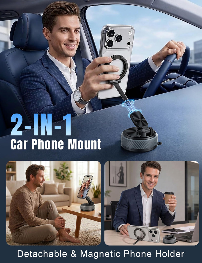 Magnetic Car Phone Mount 2-in-1 Detachable Ring Grip & Windshield Dashboard Vacuum Suction Phone Stand Finger Ring Kickstand Holder for Magsafe Compatible with iPhone 17 16 15 Pro Max Android Black & Gunmetal Gray