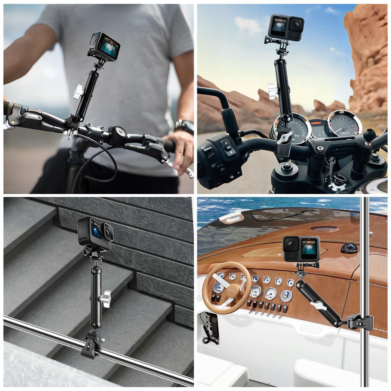 Double Super Clamp Camera/Umbrella Mount,360° Magic Long Arm Pole Clamp,Double Ball Head Adapter for Photo Studio Light Stand,Gopro,Golf Carts,Motorcycle,Cross Bars,Strollers (Black) Black