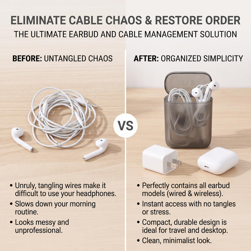1Pcs Portable Cable Organizer Box, Translucent Case for Earbuds Chargers | Compact size, translucent grey finish, Holds chargers, earbuds, USB cables, Perfect for travel bags