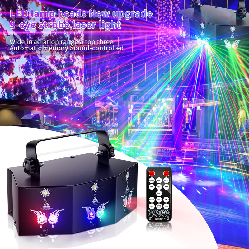Dj Party Lights,9 Lens Strobe Laser Rave Light Show with DMX & Sound Activated with Remote Control Party Light Dj Disco Lights Indoor for Dance Birthday Wedding Stage Lighting