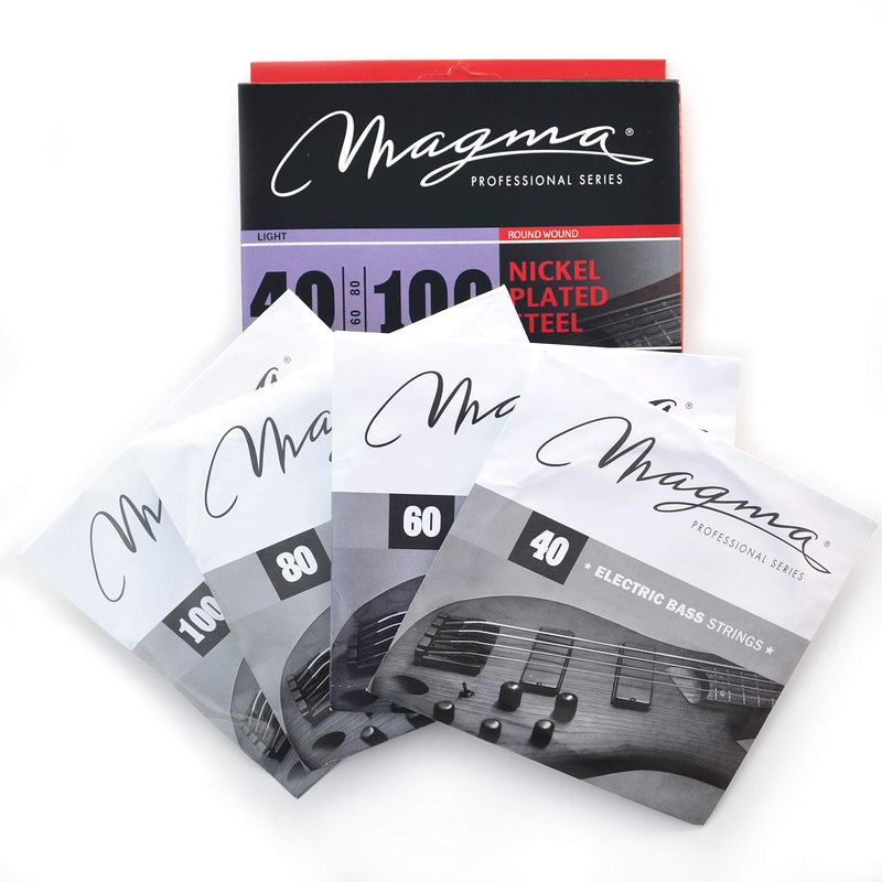 Magma Light Electric Bass Strings - Nickel Plated Steel, 40-100 Gauge Long Scale Strings - 34 inch Light Gauge 4 String Set - String gauges: 40-60 - 80-100 (BE150N) - 1 Set