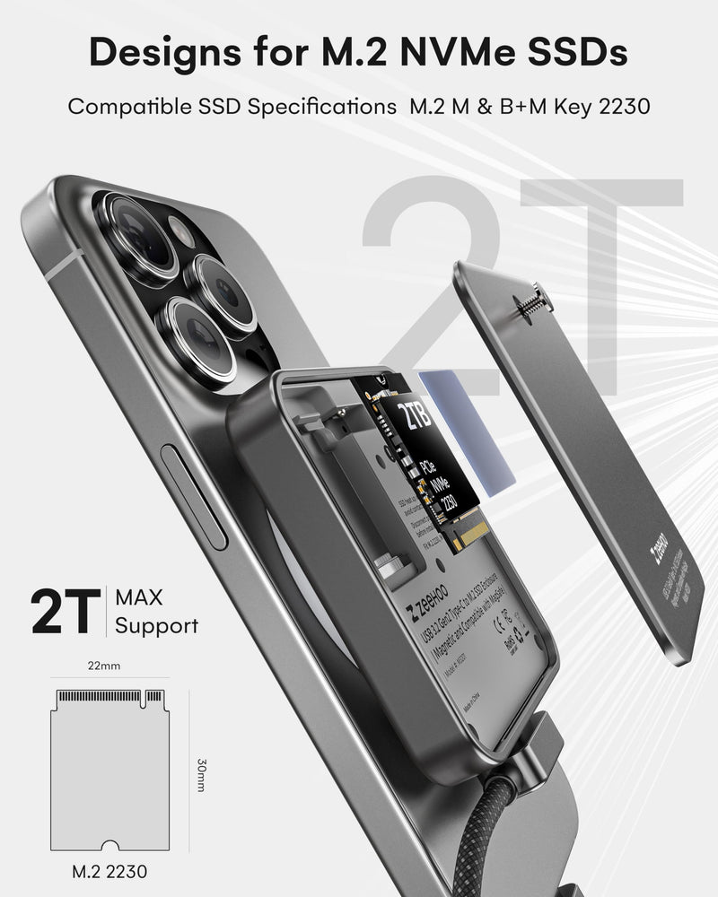 ZeeHoo Magnetic 2230 NVMe M.2 SSD Enclosure, 10Gbps USB C 3.2 to NVMe M.2 Adapter, Aluminum External SSD Case, Support M-Key B+M Key UASP