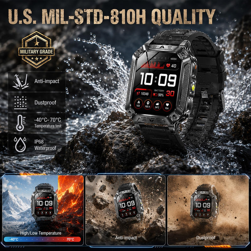 KPEP Smart Watches for Men, 2 Flashlight & 100 Days Battery Life | IP68 Waterproof 2.01'' Military Smart Watch with Sleep/SpO2/Heart Rate Monitor/Step Tracker, Sport Smartwatch for Android iOS