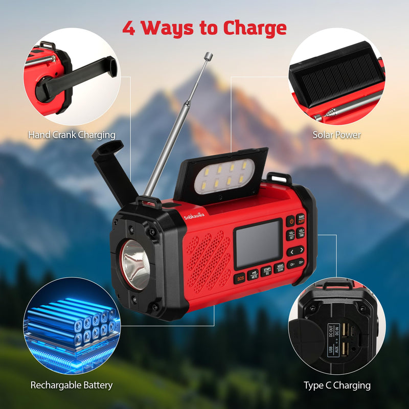 NOAA Emergency Weather Radio,10000mWh Weather Alert Radio, Hand Crank Radio with LED Flashlight,AM/FM,USB/Solar/Hand Crank Charging,SOS Alarm for Indoor/Outdoor Emergency