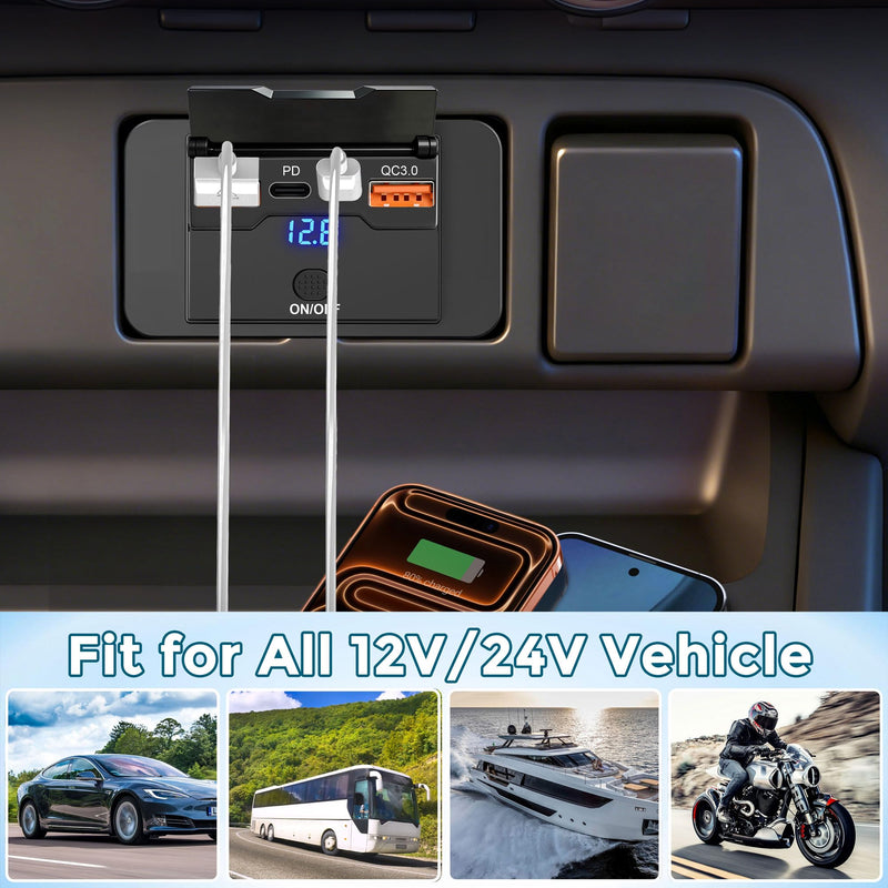 Qidoe 2 Pack 108W 12V USB Outlet Panel, Dual PD 36W & Dual QC3.0 18W | Fast Charging, Mount Panel For Car, RV, Truck, Boat, Bus, Marine, ATV, UTV