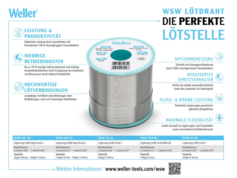 Weller WSW SCN M1 (T0051402799) 0.5mm Lead Free Solder Wire Alloy Sn99.3Cu0.6Ni0.05 Flux Content 3.5% 100g Silver 0,5mm, 100g